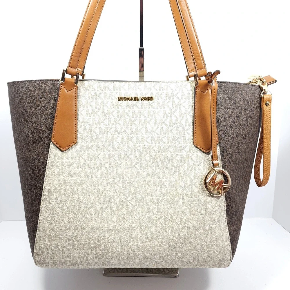 Michael‎ Kors Women Shoulder Tote Bag Purse Handbag Brown Cream Design MK
